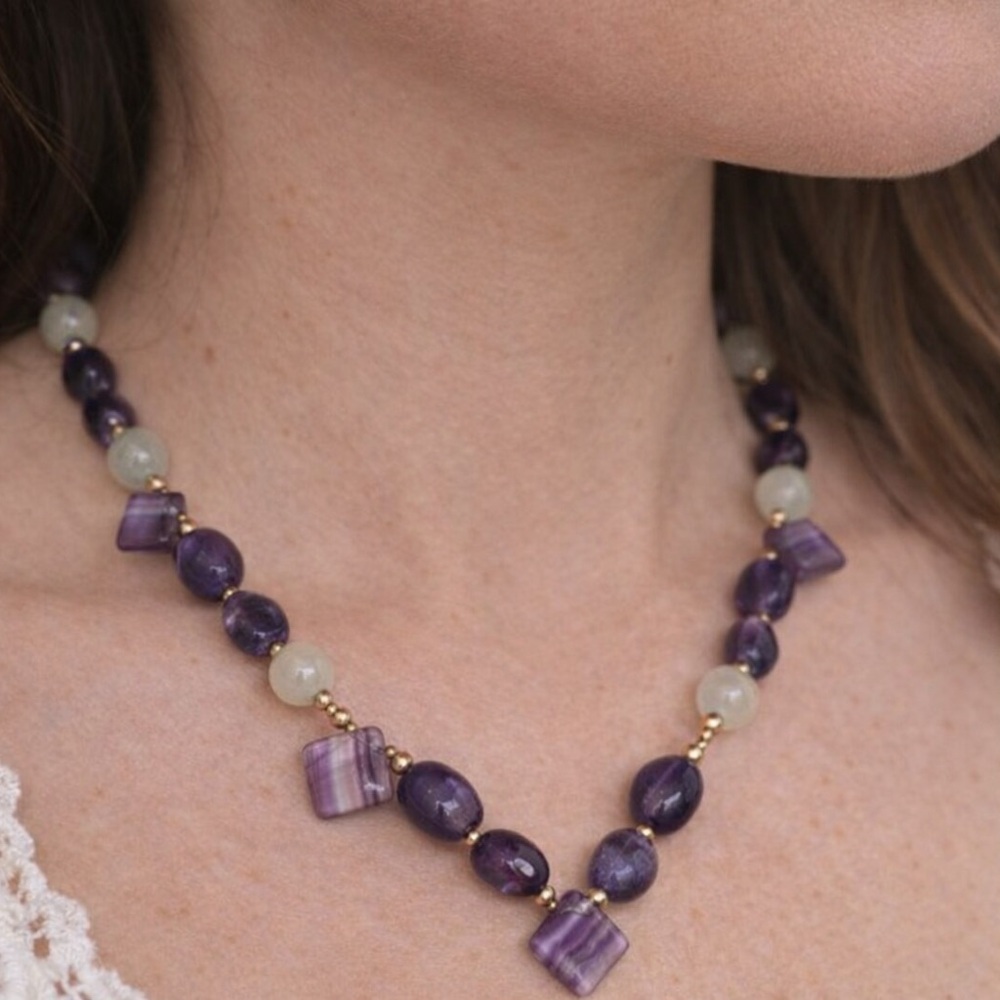 Vintage Fluorite Amethyst Gemstone Necklace 10K Gold Clasp